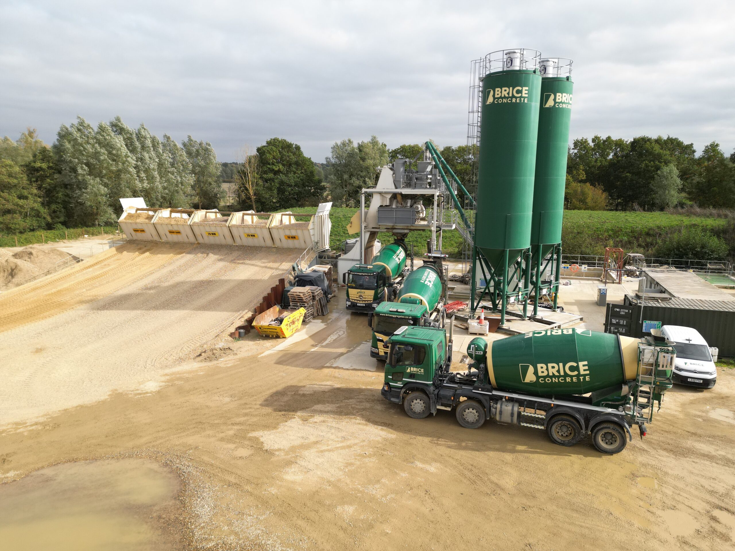 Brice Aggregates yard with mixer truck and silos