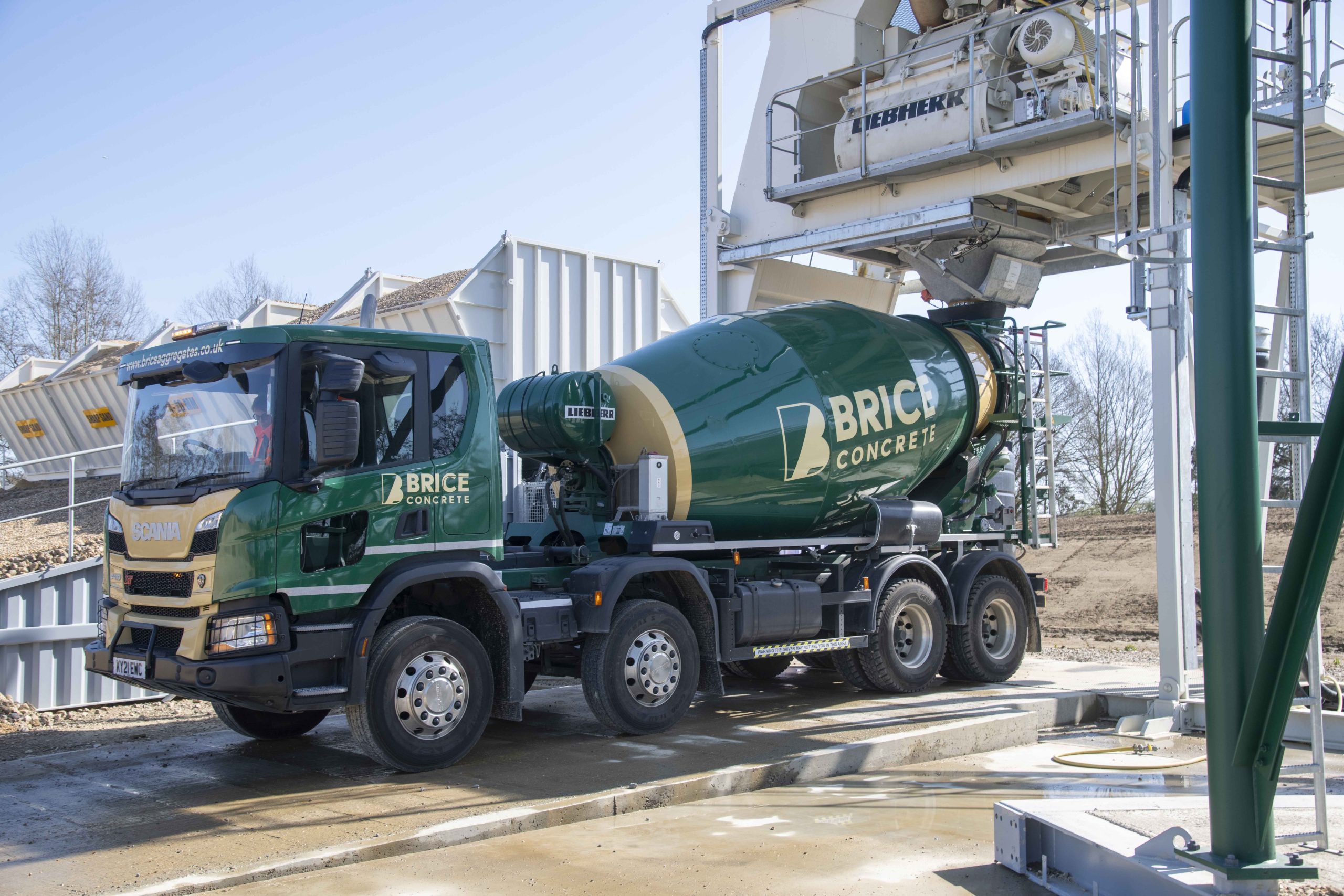 Brice Aggregates yard with mixer truck and silos
