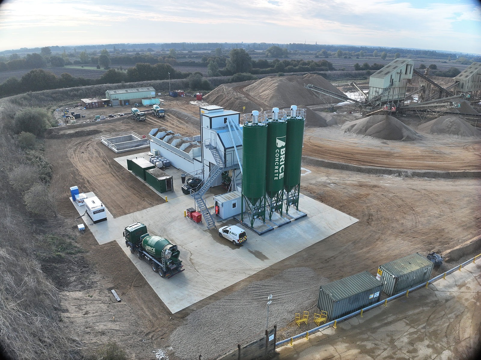 Brice Aggregates yard with mixer truck and silos